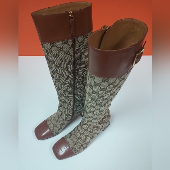 GUCCI Monogram Cordovan Lux GG Knee High Boots 36 Beige Cuir - Picture 3 of 12